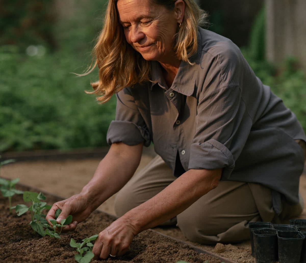 A woman planting seedlings in her vegetable garden